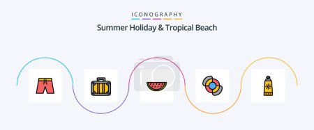 Téléchargez les illustrations : Beach Line Filled Flat 5 Icon Pack Including sunscreen. beach. fruits. summer. beach - en licence libre de droit