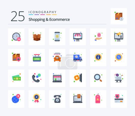Illustration for Shopping And Ecommerce 25 Flat Color icon pack including percentage. hand. online discount. discount. store - Royalty Free Image