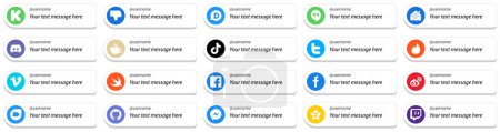 Ilustración de Follow me Social Network Platform Card Style icons with Custom Message Option 20 pack such as china. douyin. message. tiktok and streaming icons. High resolution and fully customizable - Imagen libre de derechos