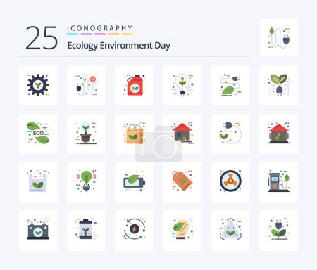 Téléchargez les illustrations : Ecology 25 Flat Color icon pack including electricity. energy. electrician. electric. green - en licence libre de droit