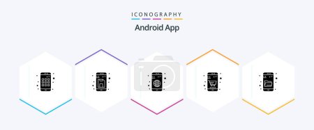 Illustration for Android App 25 Glyph icon pack including explore. online shop. app. cart. basket - Royalty Free Image