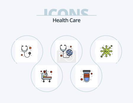 Téléchargez les illustrations : Health Care Line Filled Icon Pack 5 Icon Design. syring. hospital bed. test tube. blood - en licence libre de droit