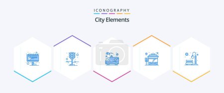 Téléchargez les illustrations : City Elements 25 Blue icon pack including park. bench. ambulance. stop - en licence libre de droit