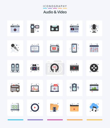 Illustration for Creative Audio And Video 25 Flat icon pack  Such As audio. microphone. cassette. mic. web - Royalty Free Image