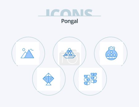 Illustration for Pongal Blue Icon Pack 5 Icon Design. sweet. indian. giza. dessert. bowl - Royalty Free Image