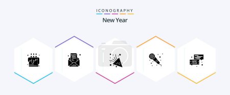 Téléchargez les illustrations : New Year 25 Glyph icon pack including conversation. bubble. party. microphone. audio - en licence libre de droit