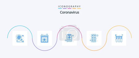 Téléchargez les illustrations : Coronavirus Blue 5 Icon Pack Including test. experiment. online. medicine. tablet - en licence libre de droit