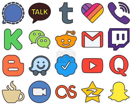 Illustration for 20 Elegant Line Filled Social Media Icons such as twitch. email. gmail and messenger High-Resolution and Professional - Royalty Free Image