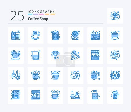Téléchargez les illustrations : Coffee Shop 25 Blue Color icon pack including calendar. location. drink. coffee. list - en licence libre de droit