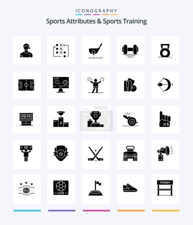 Téléchargez les illustrations : Creative Sports Atributes And Sports Training 25 Glyph Solid Black icon pack  Such As gym. dumbbell. tactic. shot. club - en licence libre de droit