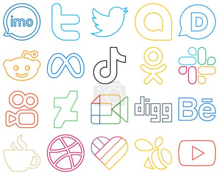 Illustration for 20 Innovative and unique Colourful Outline Social Media Icons such as slack. reddit. china and douyin Minimalist and customizable - Royalty Free Image