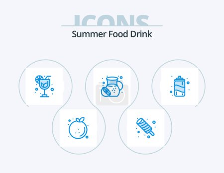 Téléchargez les illustrations : Summer Food Drink Blue Icon Pack 5 Icon Design. water. lemonades. meal. fruit. food - en licence libre de droit