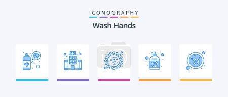 Téléchargez les illustrations : Wash Hands Blue 5 Icon Pack Including hand sanitizer. corona. bacteria. cream. bacteria. Creative Icons Design - en licence libre de droit