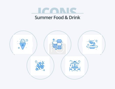Téléchargez les illustrations : Summer Food and Drink Blue Icon Pack 5 Icon Design. prawn. honeycomb. sitting area. honey. sweet - en licence libre de droit