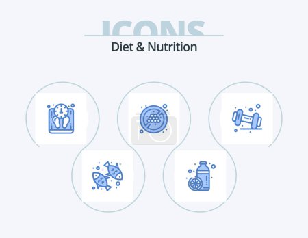 Illustration for Diet And Nutrition Blue Icon Pack 5 Icon Design. dumbbell. organic. orange. fruit no grape. scale - Royalty Free Image