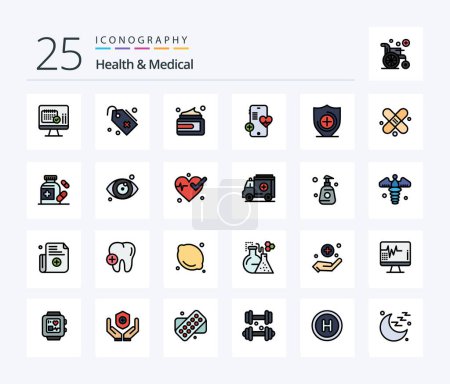 Téléchargez les illustrations : Health And Medical 25 Line Filled icon pack including healthcare. heart. beauty. beat. medical - en licence libre de droit