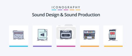 Téléchargez les illustrations : Sound Design And Sound Production Line Filled 5 Icon Pack Including module. rack. record. studio. equalization. Creative Icons Design - en licence libre de droit
