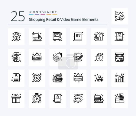 Ilustración de Shoping Retail And Video Game Elements 25 Line icon pack including marketplace. love. ecommerce. shopping. house - Imagen libre de derechos