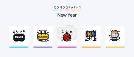 Téléchargez les illustrations : New Year Line Filled 5 Icon Pack Including new year. clock. greeting card. celebration. tray. Creative Icons Design - en licence libre de droit