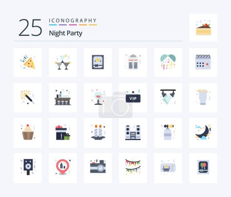 Téléchargez les illustrations : Night Party 25 Flat Color icon pack including calendar. night. box. celebration. party - en licence libre de droit