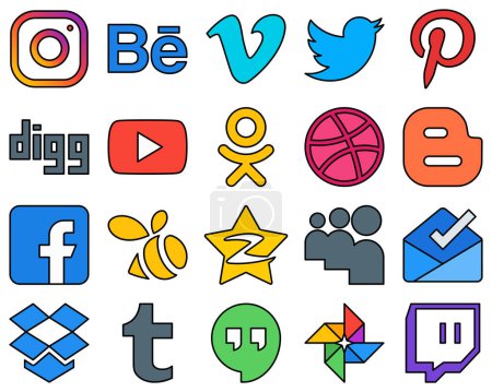 Illustration for 20 Simple Line Filled Social Media Icons such as fb. blog. pinterest. blogger and odnoklassniki Fully customizable and creative - Royalty Free Image