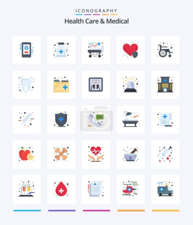 Téléchargez les illustrations : Creative Health Care And Medical 25 Flat icon pack  Such As wheel chair. medical. hospital. insurance. heart care - en licence libre de droit