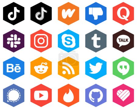 Illustration for 20 Elegant White Icons tumblr. skype. facebook and instagram Hexagon Flat Color Backgrounds - Royalty Free Image