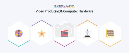 Illustration for Video Producing And Computer Hardware 25 Flat icon pack including statue. award. theatre. academy. clapper - Royalty Free Image