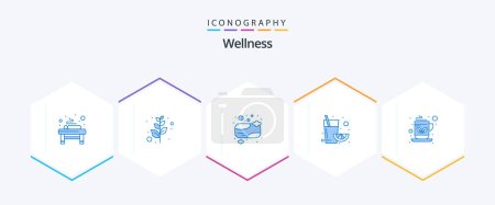 Illustration for Wellness 25 Blue icon pack including green tea. coffee. bath soap. breakfast. juice - Royalty Free Image