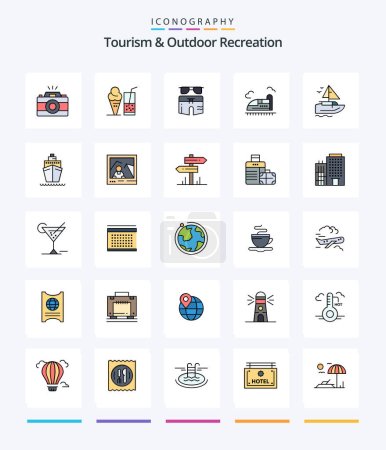 Téléchargez les illustrations : Creative Tourism And Outdoor Recreation 25 Line FIlled icon pack  Such As boat. high. swimsuite. train. trouser - en licence libre de droit