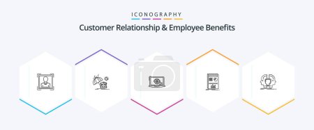 Illustration for Customer Relationship And Employee Benefits 25 Line icon pack including face. success. laptop. graph. presentation - Royalty Free Image