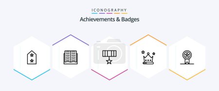 Illustration for Achievements and Badges 25 Line icon pack including insignia. wreath. army. crown. achievement - Royalty Free Image