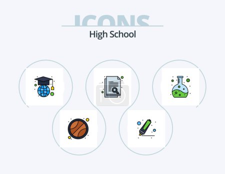Téléchargez les illustrations : High School Line Filled Icon Pack 5 Icon Design. pencil box. holder. chemistry. search. paper - en licence libre de droit