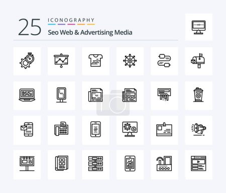 Illustration for Seo Web And Advertising Media 25 Line icon pack including cable. achieve. projector. point. uniform - Royalty Free Image
