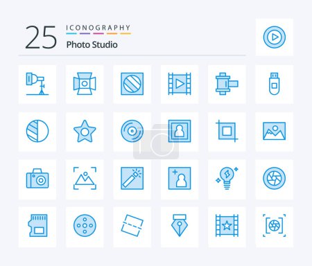 Illustration for Photo Studio 25 Blue Color icon pack including storage. reel. media. photo. stream - Royalty Free Image
