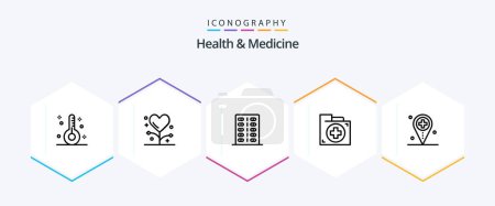 Téléchargez les illustrations : Health and Medicine 25 Line icon pack including location. health. form. folder. document - en licence libre de droit