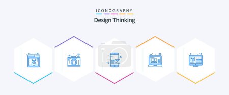 Illustration for Design Thinking 25 Blue icon pack including design. laptop. thinking. draw. send - Royalty Free Image