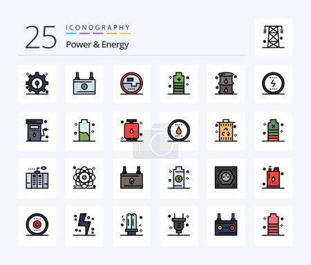Téléchargez les illustrations : Power And Energy 25 Line Filled icon pack including energy. power. electronics. essential. battery - en licence libre de droit