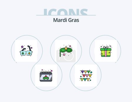 Téléchargez les illustrations : Mardi Gras Line Filled Icon Pack 5 Icon Design. . costume. garland. carnival mask. doubloon - en licence libre de droit
