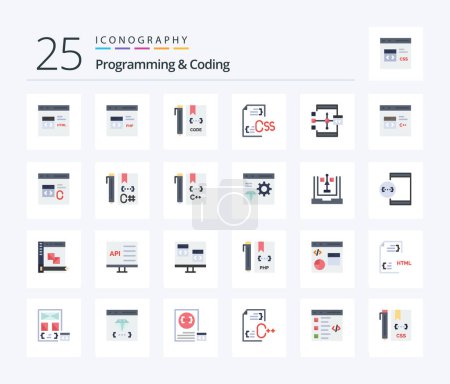 Téléchargez les illustrations : Programming And Coding 25 Flat Color icon pack including develop. coding. development. file. develop - en licence libre de droit