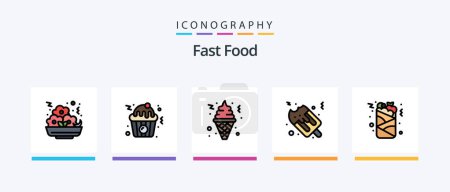 Téléchargez les illustrations : Fast Food Line Filled 5 Icon Pack Including . fast food. fat. popcorn. meal. Creative Icons Design - en licence libre de droit