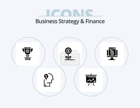 Téléchargez les illustrations : Business Strategy And Finance Glyph Icon Pack 5 Icon Design. . achievement . display . price . trophy - en licence libre de droit