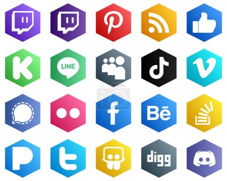 Illustration for 25 Fresh White Icons such as signal. vimeo. line and video icons. Hexagon Flat Color Backgrounds - Royalty Free Image