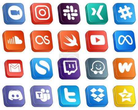 Illustration for 20 Professional Isometric 3D Social Media Icons such as meta. youtube. xing. swift and music icons. High-quality and creative - Royalty Free Image