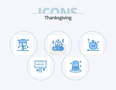 Téléchargez les illustrations : Thanksgiving Blue Icon Pack 5 Icon Design. thanksgiving. camping. thanksgiving. camp fire. thanksgiving icon - en licence libre de droit