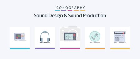 Illustration for Sound Design And Sound Production Flat 5 Icon Pack Including phonograph. disc. monitor. studio. mixer. Creative Icons Design - Royalty Free Image