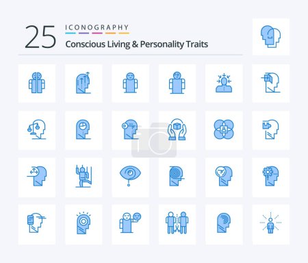 Téléchargez les illustrations : Concious Living And Personality Traits 25 Blue Color icon pack including person. criticism. mind. choosing. person - en licence libre de droit