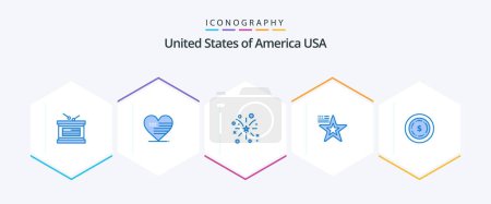 Illustration for Usa 25 Blue icon pack including dollar. usa. firework. flag. star - Royalty Free Image