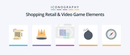 Téléchargez les illustrations : Shoping Retail And Video Game Elements Flat 5 Icon Pack Including navigation. explosive. first. bomb. gaming. Creative Icons Design - en licence libre de droit