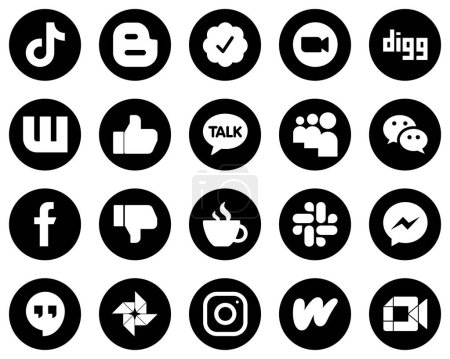 Illustration for 20 Customizable White Social Media Icons on Black Background such as myspace. facebook. zoom. like and digg icons. Fully customizable and high-quality - Royalty Free Image